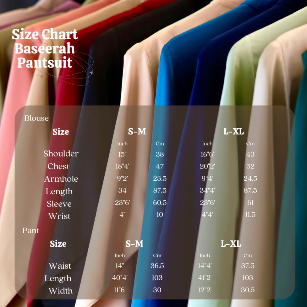 Size Chart Baseerah Pantsuit Muslimah Executive Wear